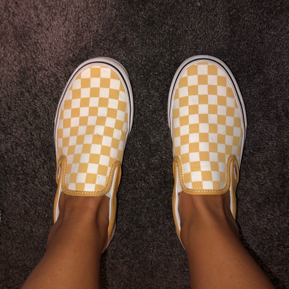 yellow slip on checkered vans